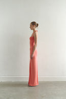 Coral Tie Neck Draped Dress with Front Slit