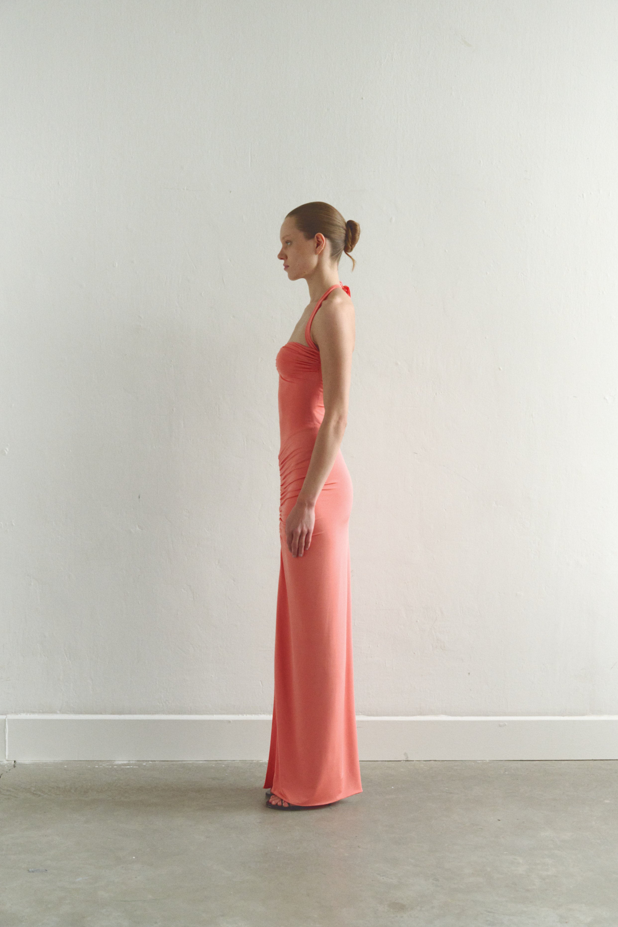Coral Tie Neck Draped Dress with Front Slit