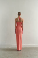 Coral Tie Neck Draped Dress with Front Slit