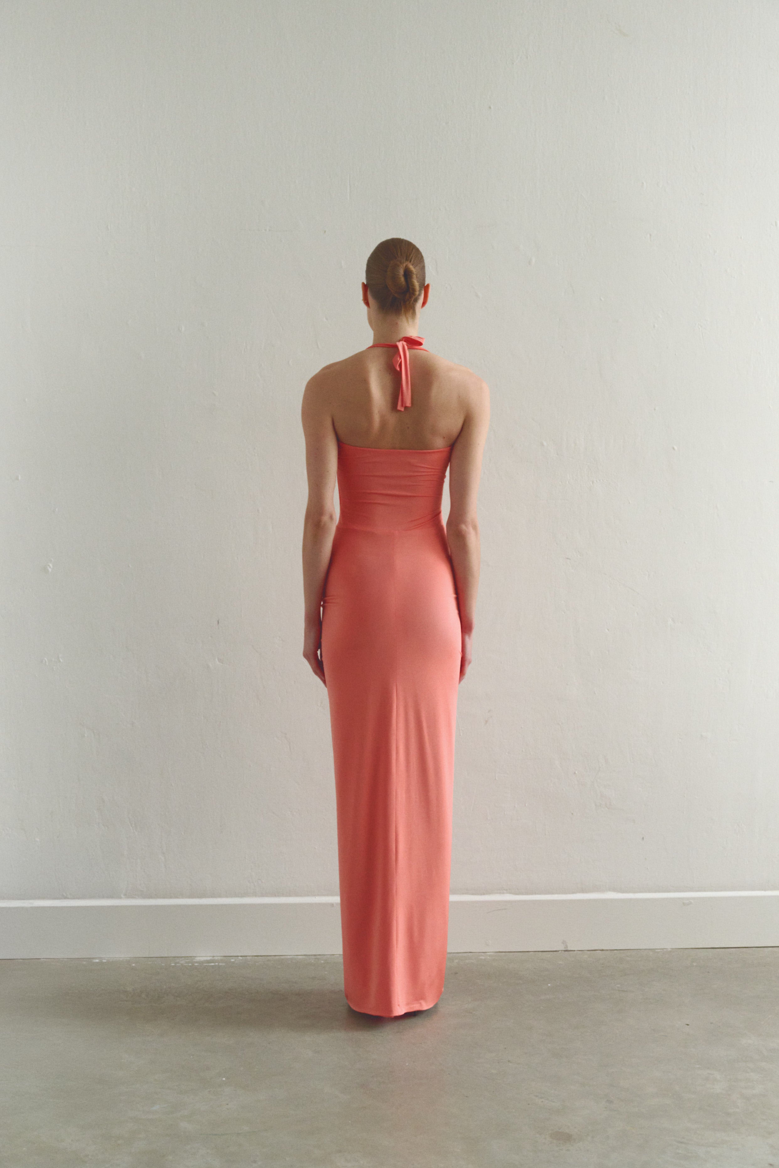 Coral Tie Neck Draped Dress with Front Slit