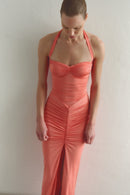 Coral Tie Neck Draped Dress with Front Slit