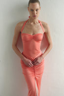 Coral Tie Neck Draped Dress with Front Slit