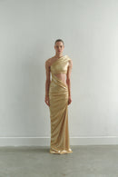 One-shoulder Gold Maxi Dress with Cut-Out Detail