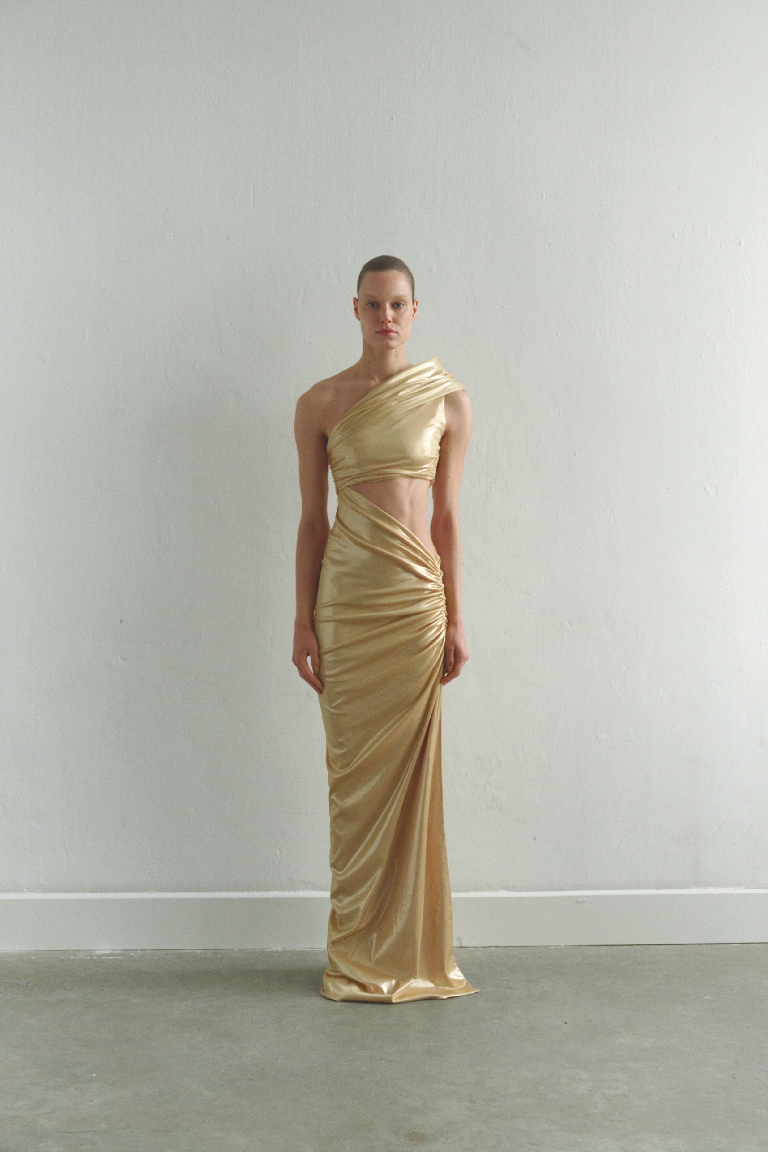 One-shoulder Gold Maxi Dress with Cut-Out Detail