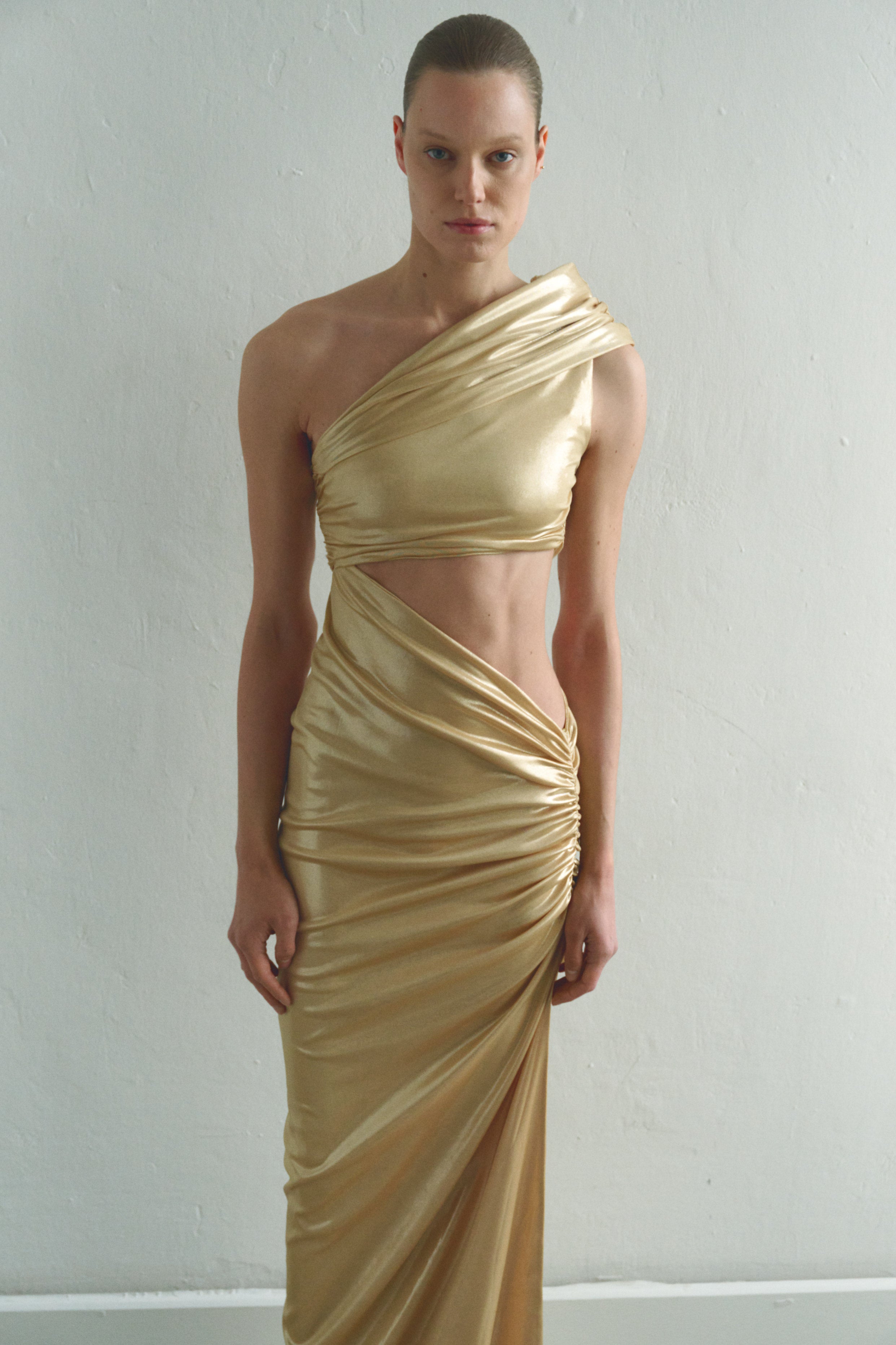 One-shoulder Gold Maxi Dress with Cut-Out Detail