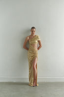 One-shoulder Gold Maxi Dress with Cut-Out Detail