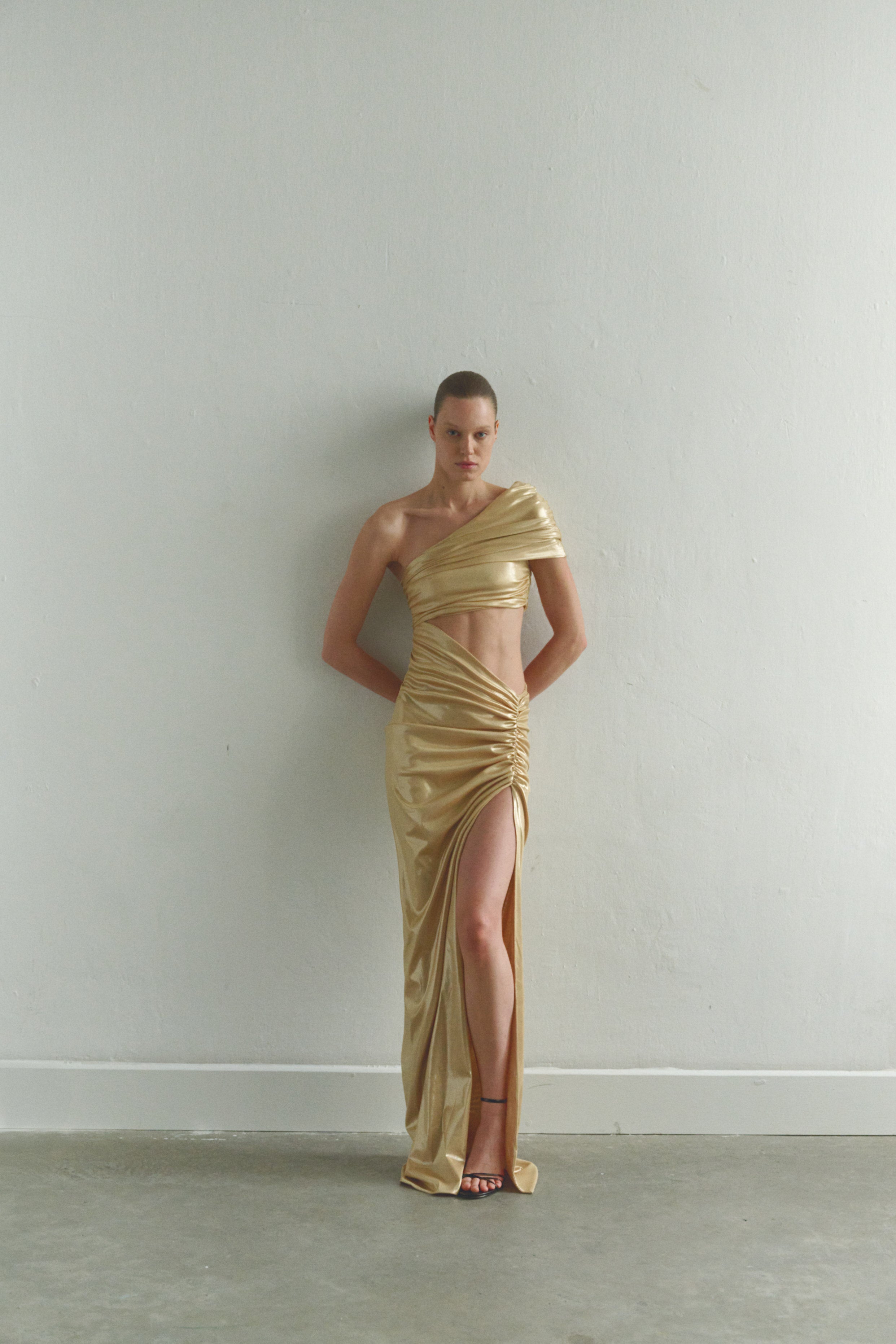 One-shoulder Gold Maxi Dress with Cut-Out Detail