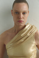 One-shoulder Gold Maxi Dress with Cut-Out Detail