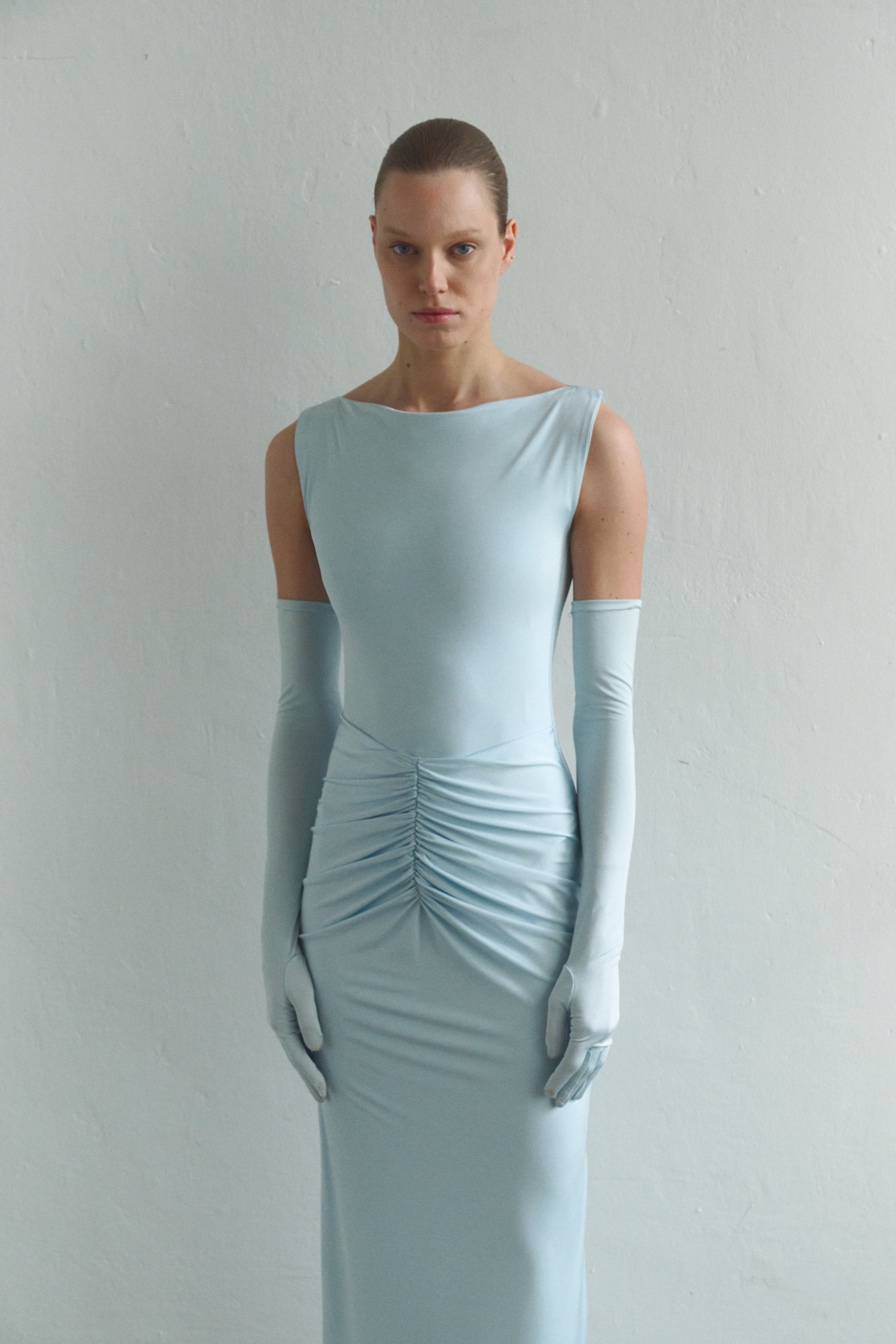 Baby Blue Draped Maxi Dress with Gloves