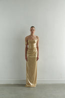 Gold Draped Maxi Dress Low Strap and  Side Slit