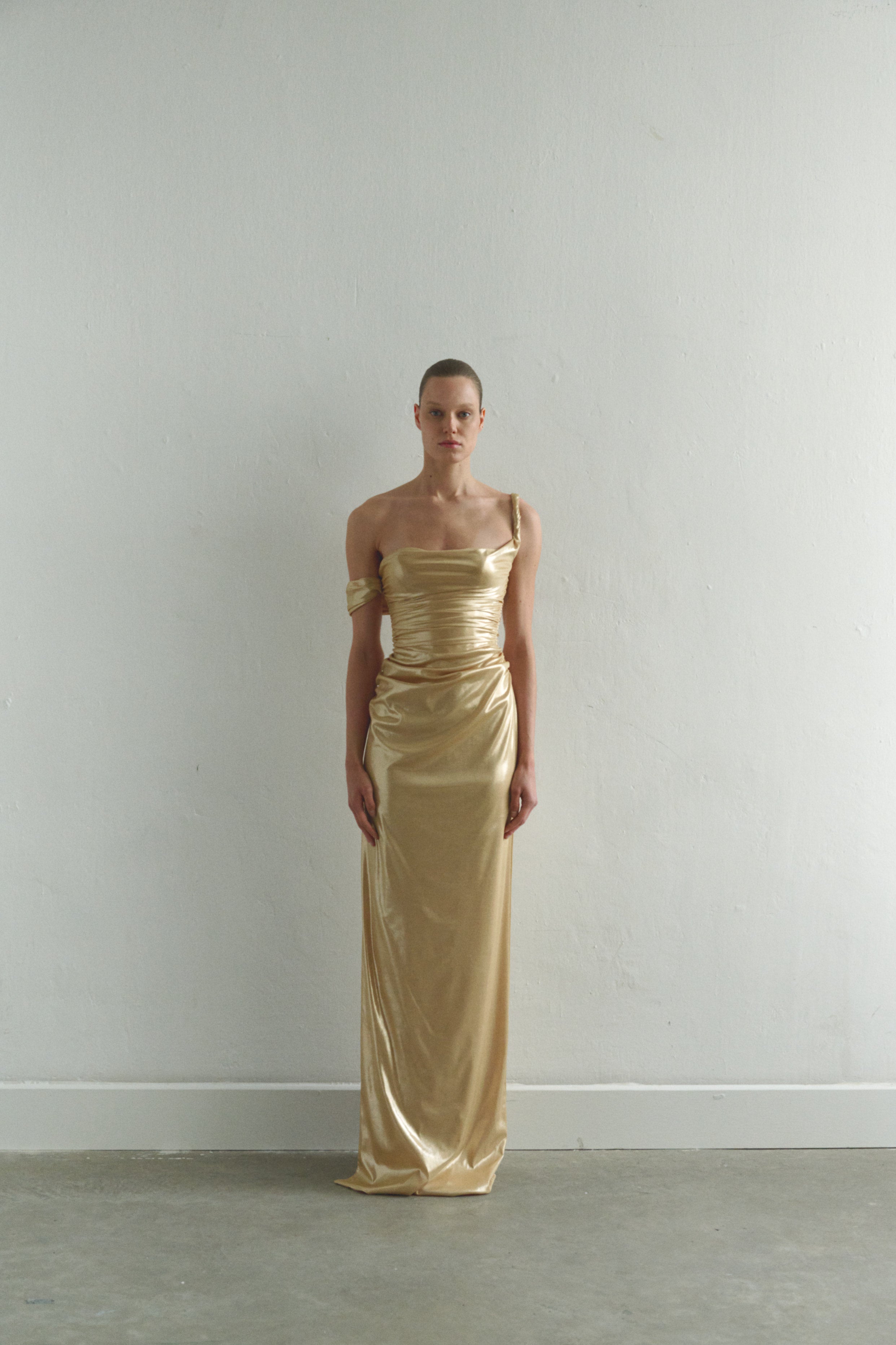 Gold Draped Maxi Dress Low Strap and  Side Slit