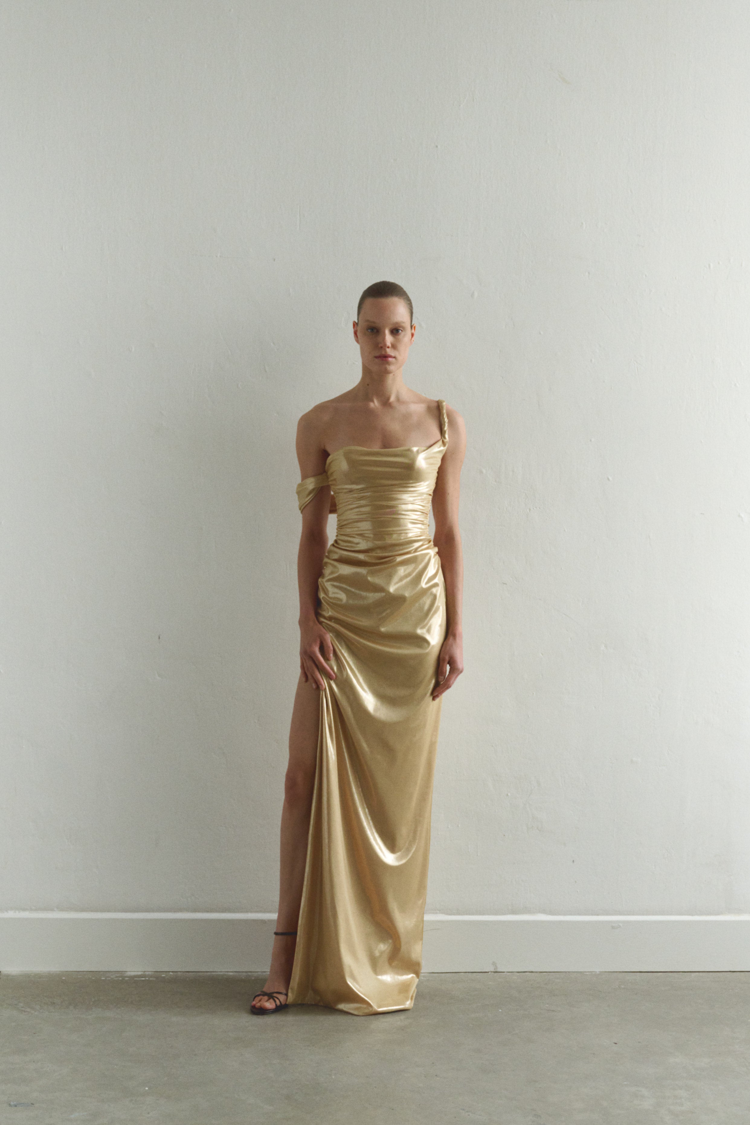 Gold Draped Maxi Dress Low Strap and  Side Slit