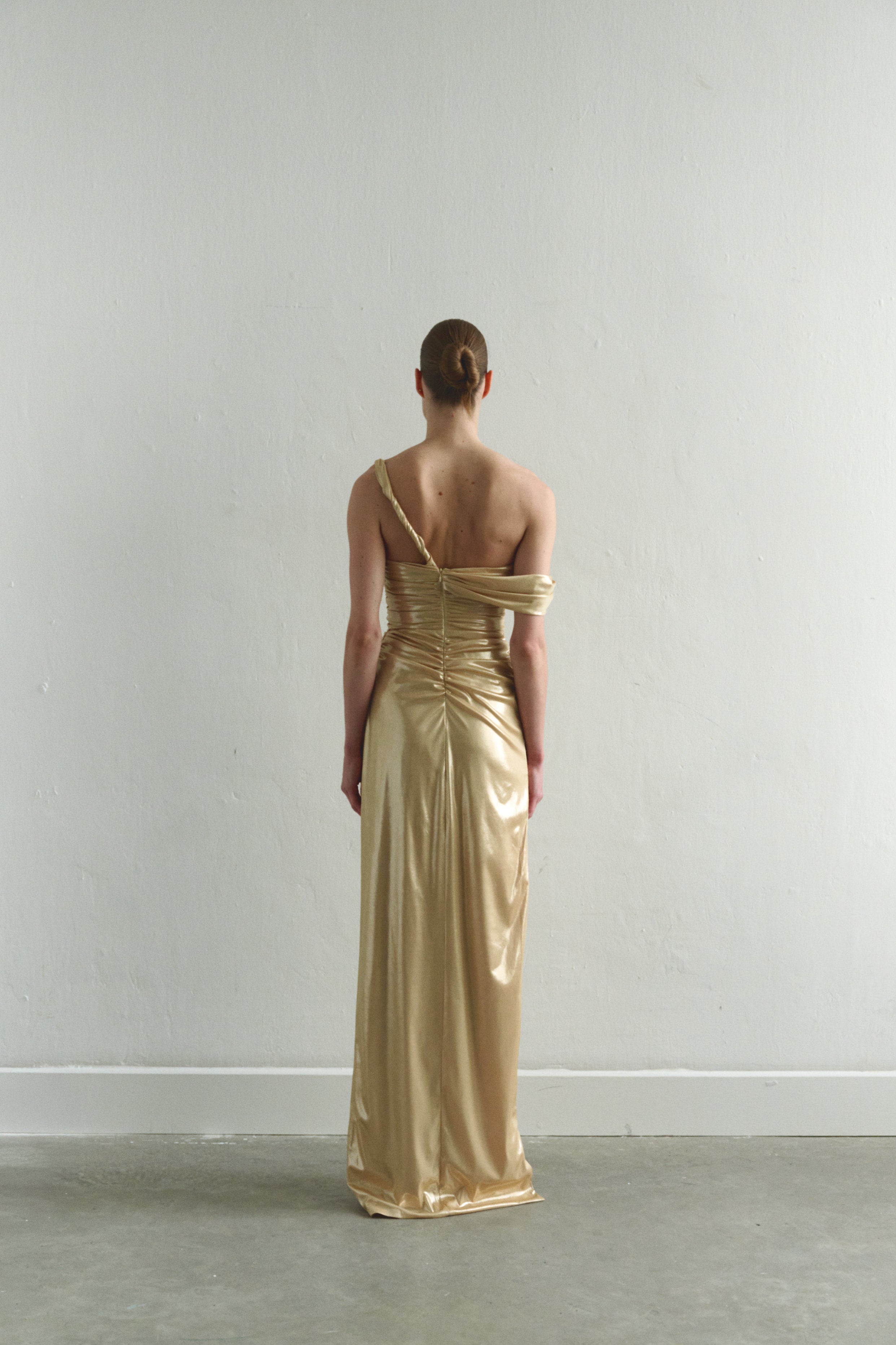 Gold Draped Maxi Dress Low Strap and  Side Slit