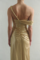 Gold Draped Maxi Dress Low Strap and  Side Slit