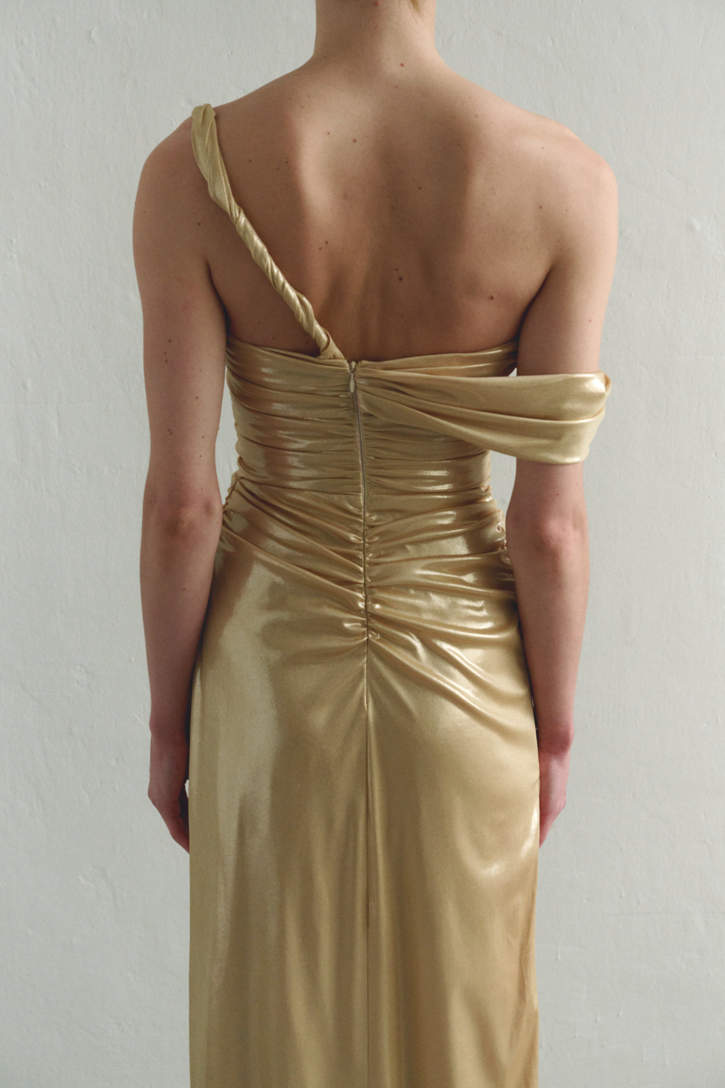Gold Draped Maxi Dress Low Strap and  Side Slit