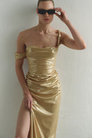Gold Draped Maxi Dress Low Strap and  Side Slit