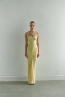 Butter Yellow Tie Neck Draped Dress with Front Slit