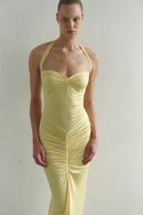Butter Yellow Tie Neck Draped Dress with Front Slit