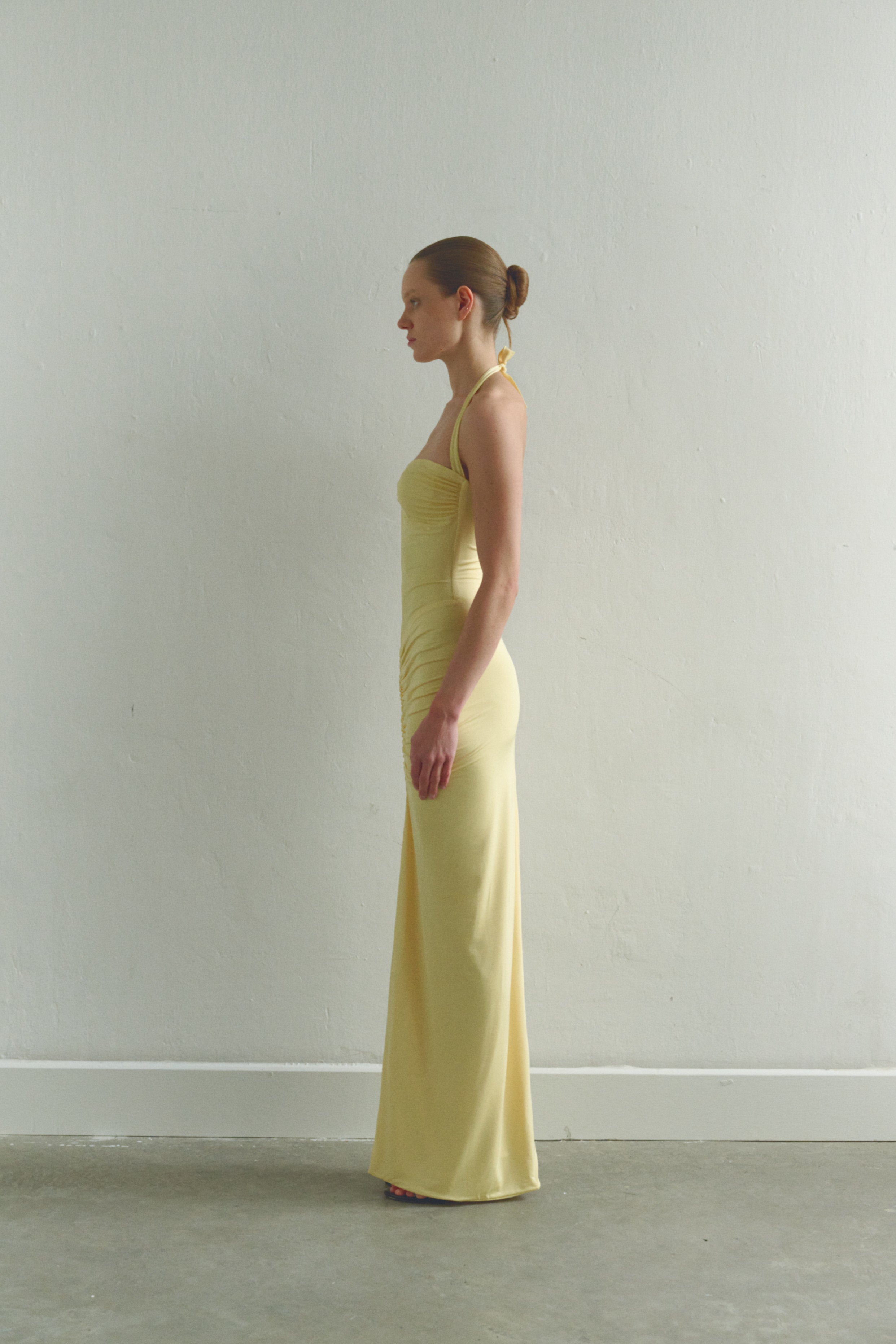 Butter Yellow Tie Neck Draped Dress with Front Slit