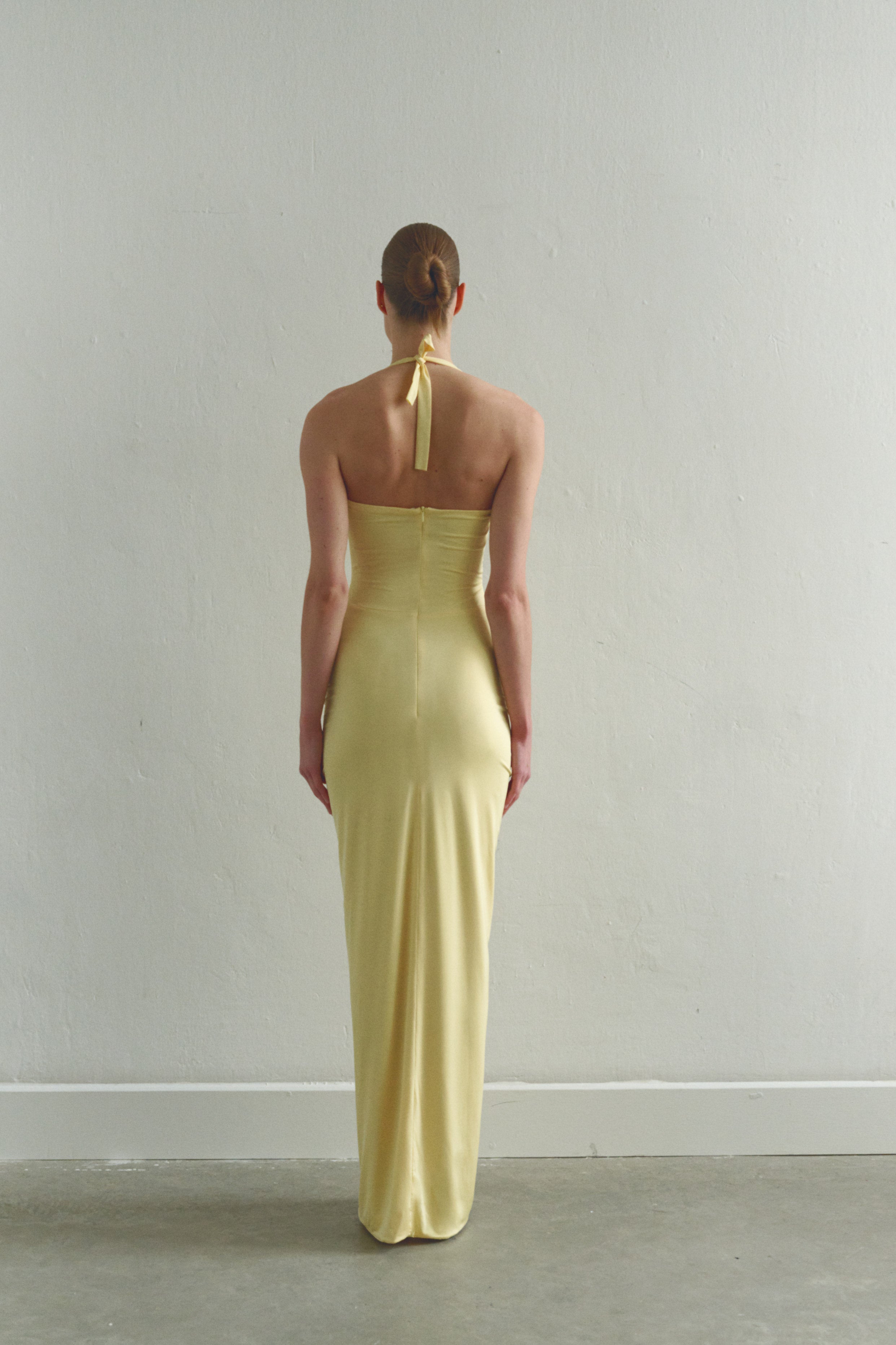 Butter Yellow Tie Neck Draped Dress with Front Slit