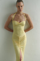 Butter Yellow Tie Neck Draped Dress with Front Slit
