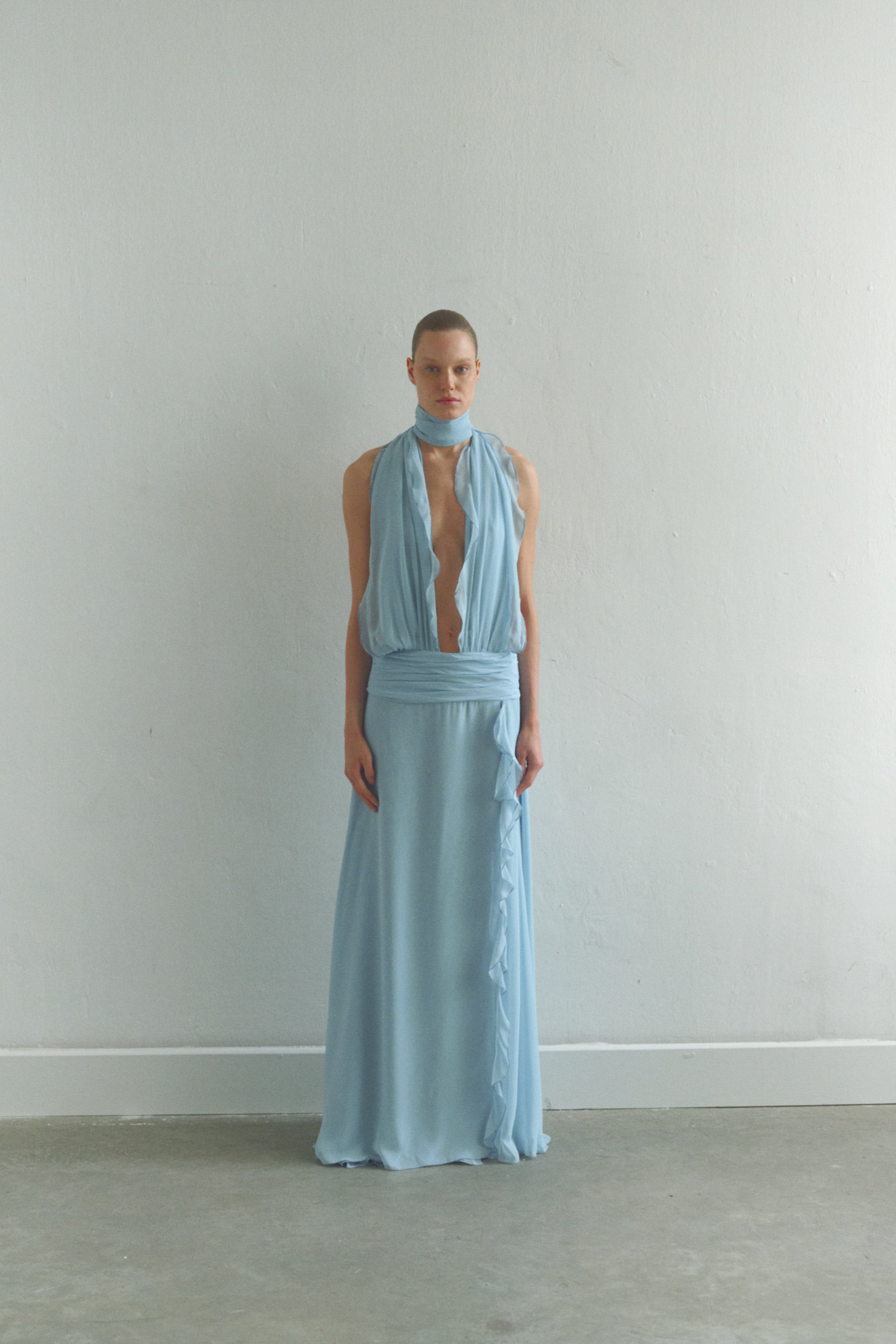 Baby Blue Chiffon Dress with Side Slit