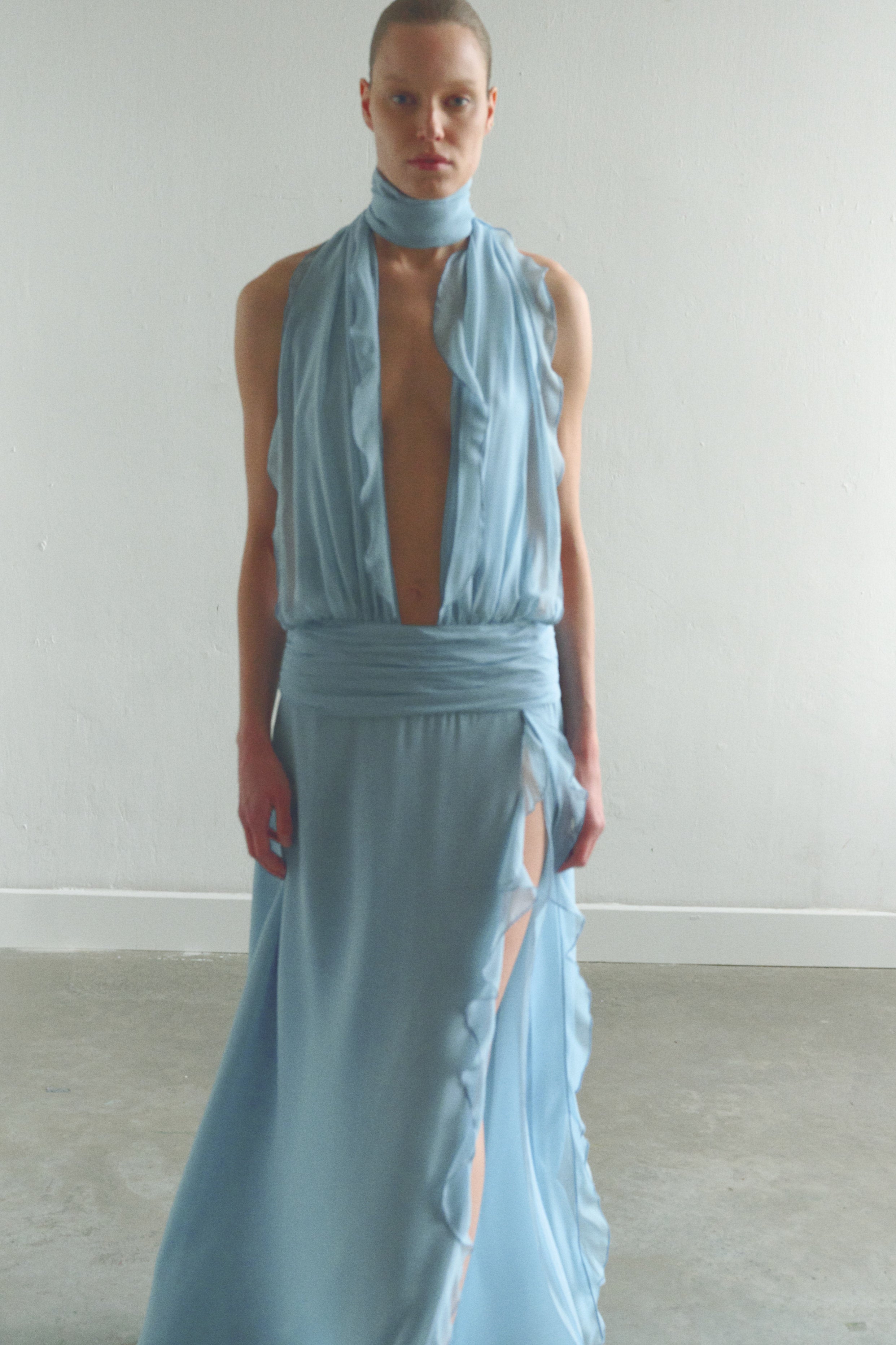 Baby Blue Chiffon Dress with Side Slit