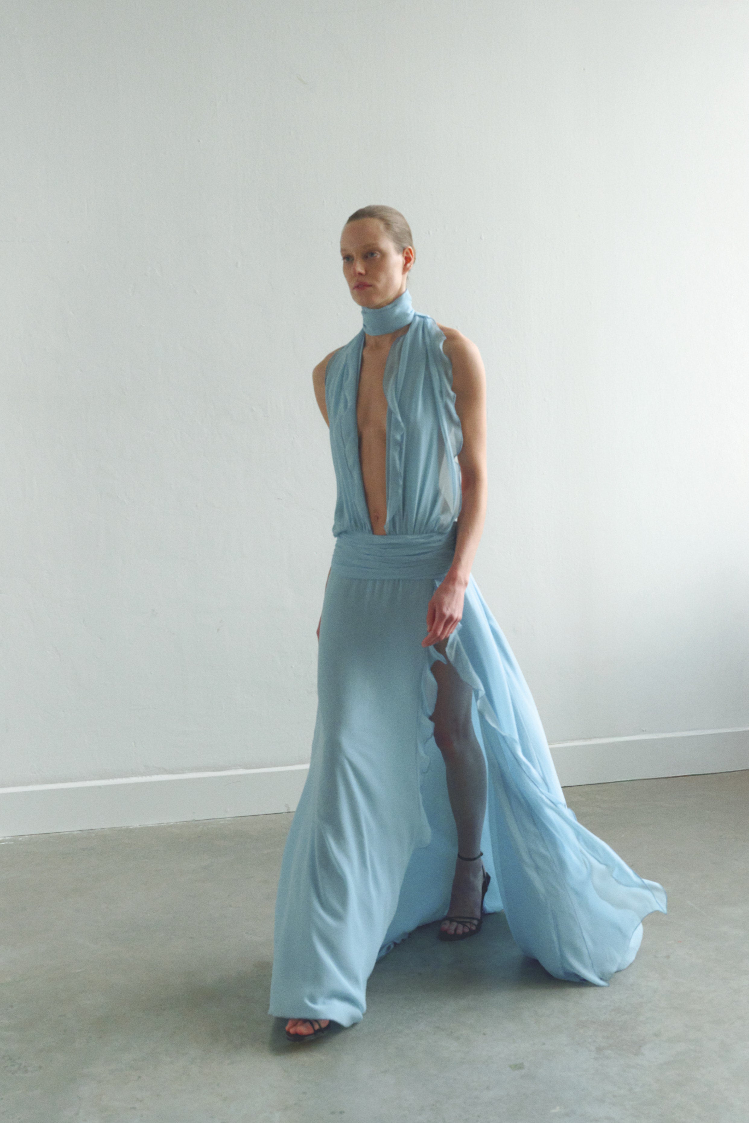 Baby Blue Chiffon Dress with Side Slit