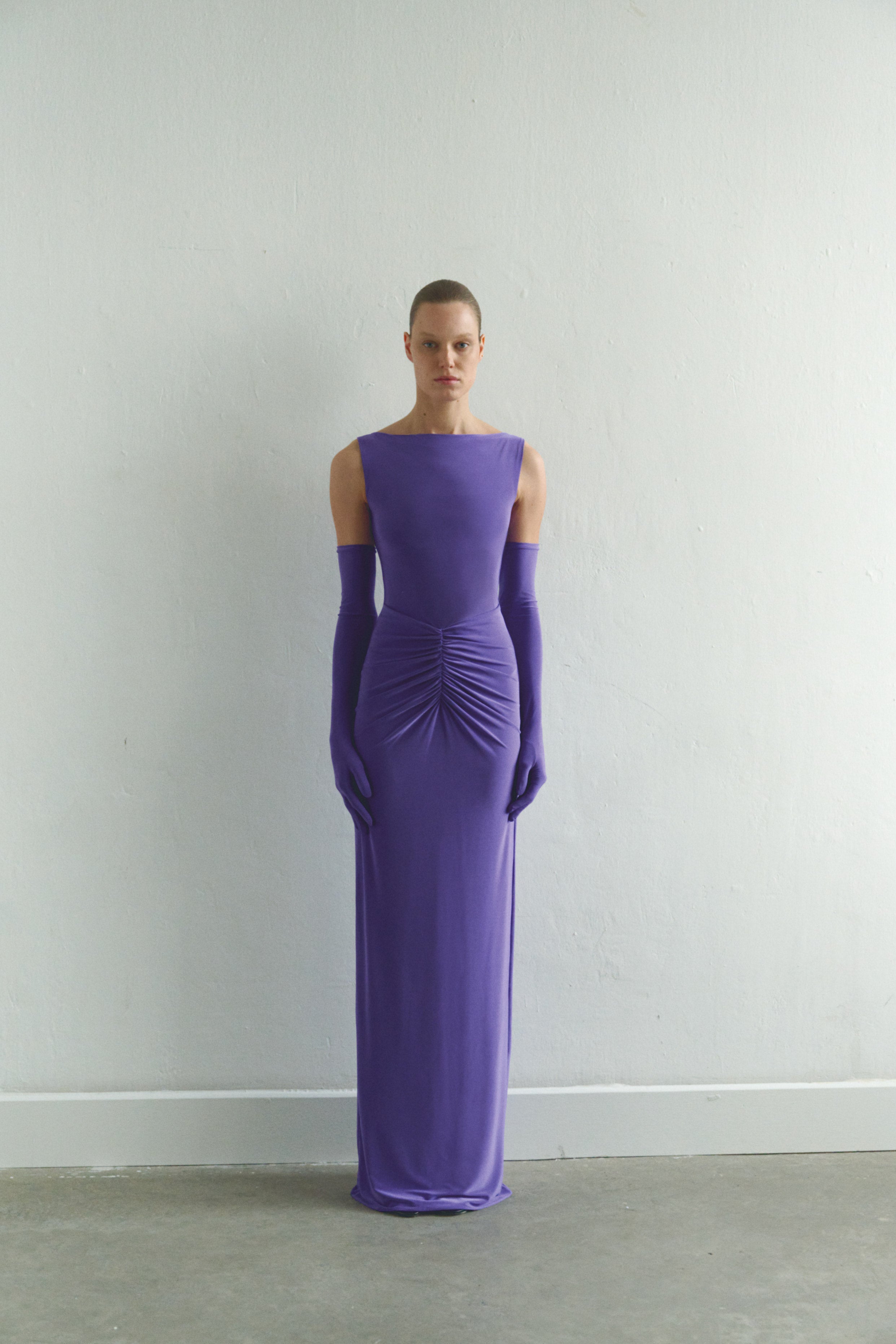 Purple Draped Maxi Dress with Gloves