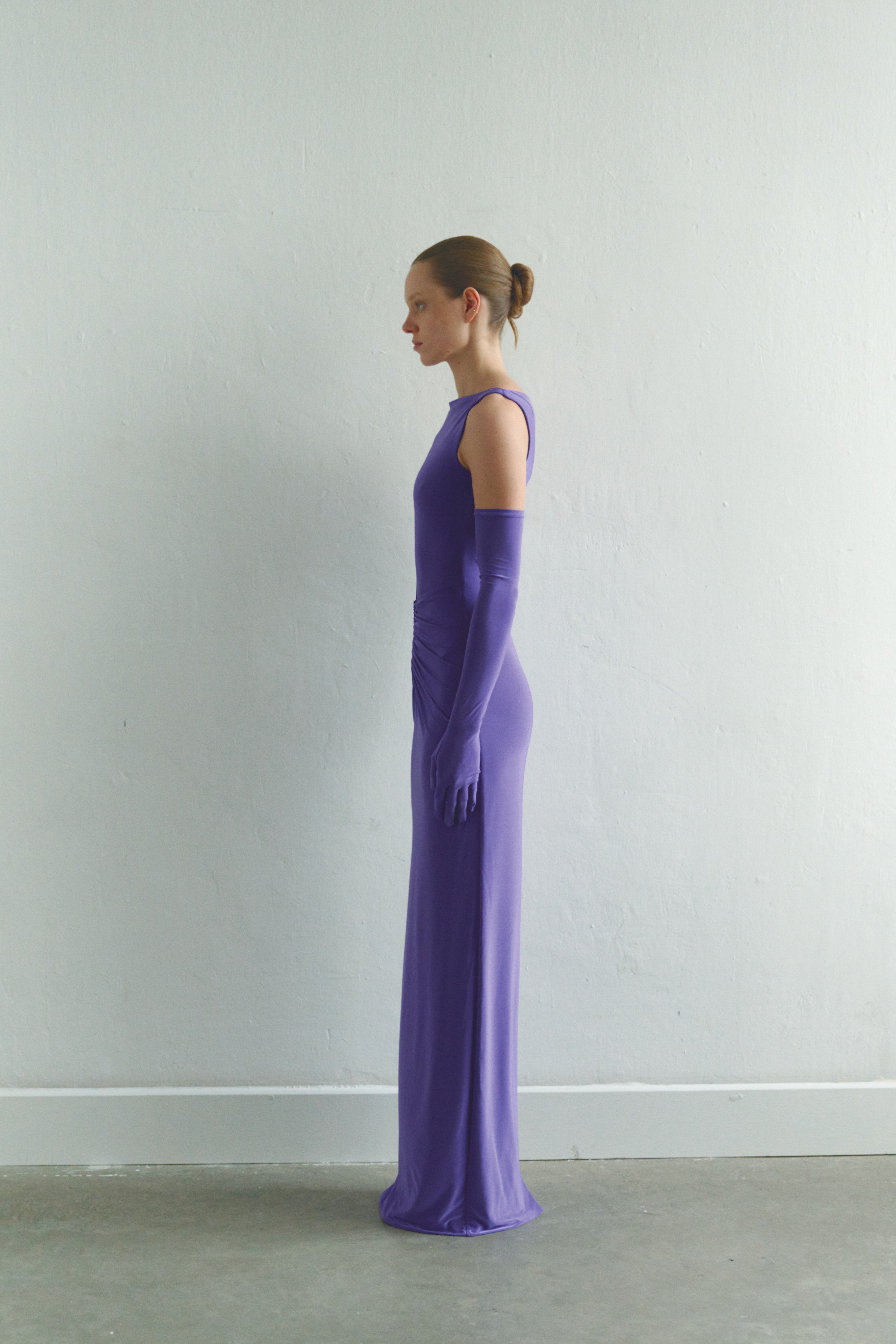 Purple Draped Maxi Dress with Gloves