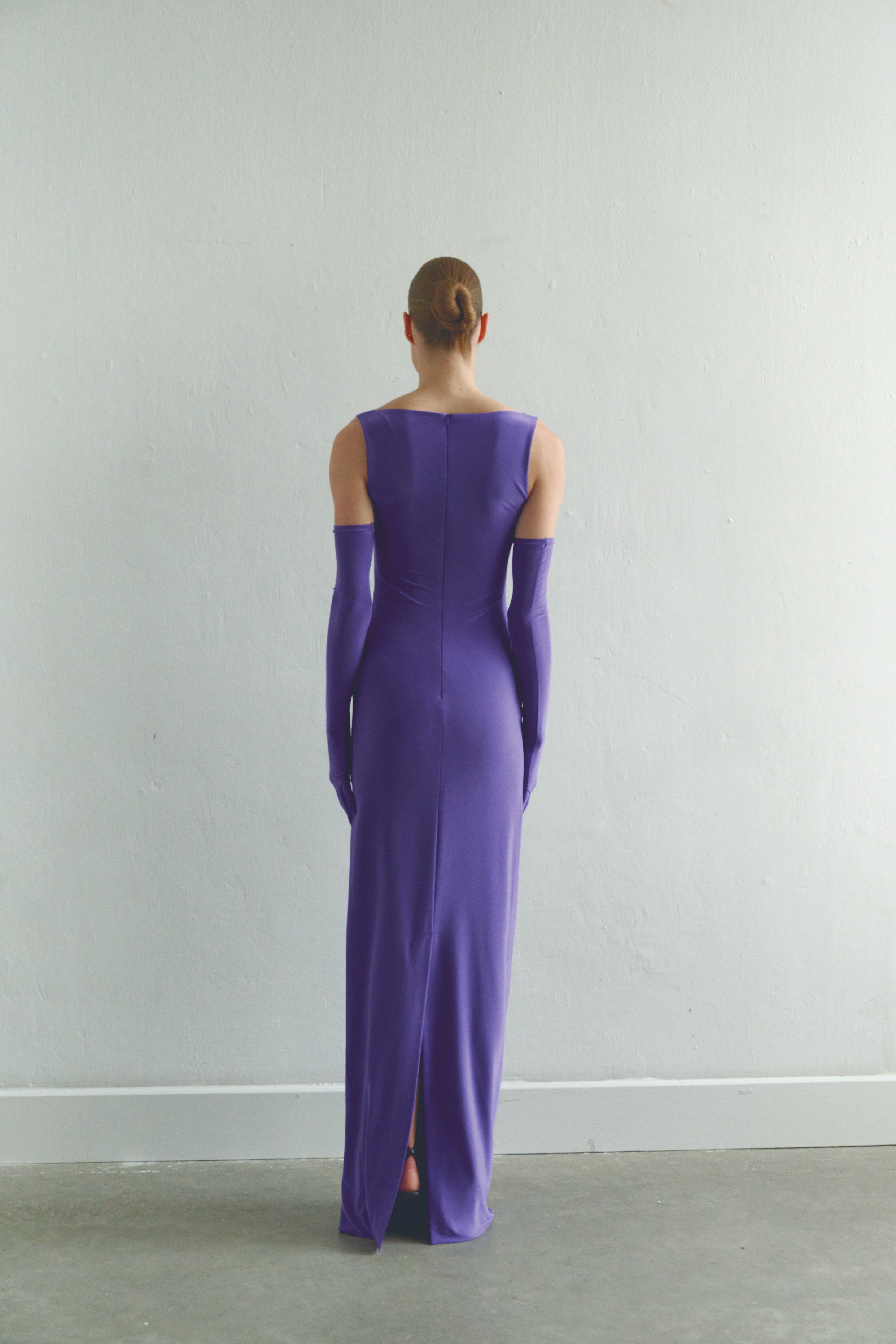Purple Draped Maxi Dress with Gloves