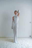 White Velvet and Tulle Draped Dress with Pearl Details and Gloves