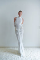 White Velvet and Tulle Draped Dress with Pearl Details and Gloves