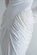 White Velvet and Tulle Draped Dress with Pearl Details and Gloves