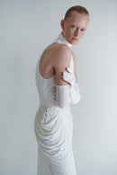 White Velvet and Tulle Draped Dress with Pearl Details and Gloves