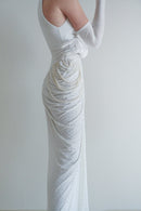 White Velvet and Tulle Draped Dress with Pearl Details and Gloves