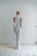 White Velvet and Tulle Draped Dress with Pearl Details and Gloves