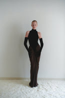 Black Velvet and Brown Tulle Draped Dress with Gloves