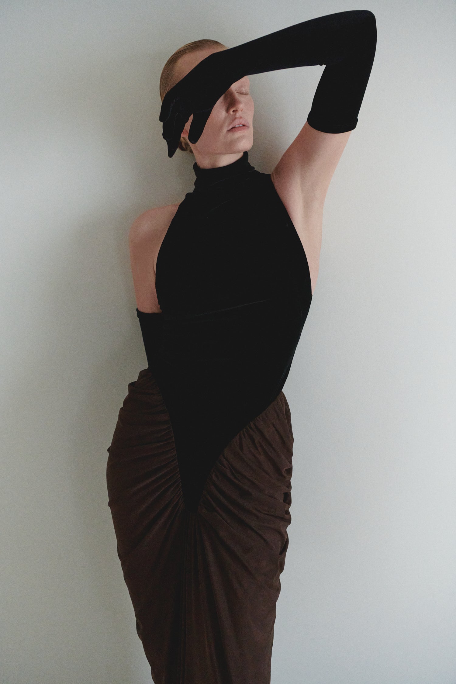 Black Velvet and Brown Tulle Draped Dress with Gloves