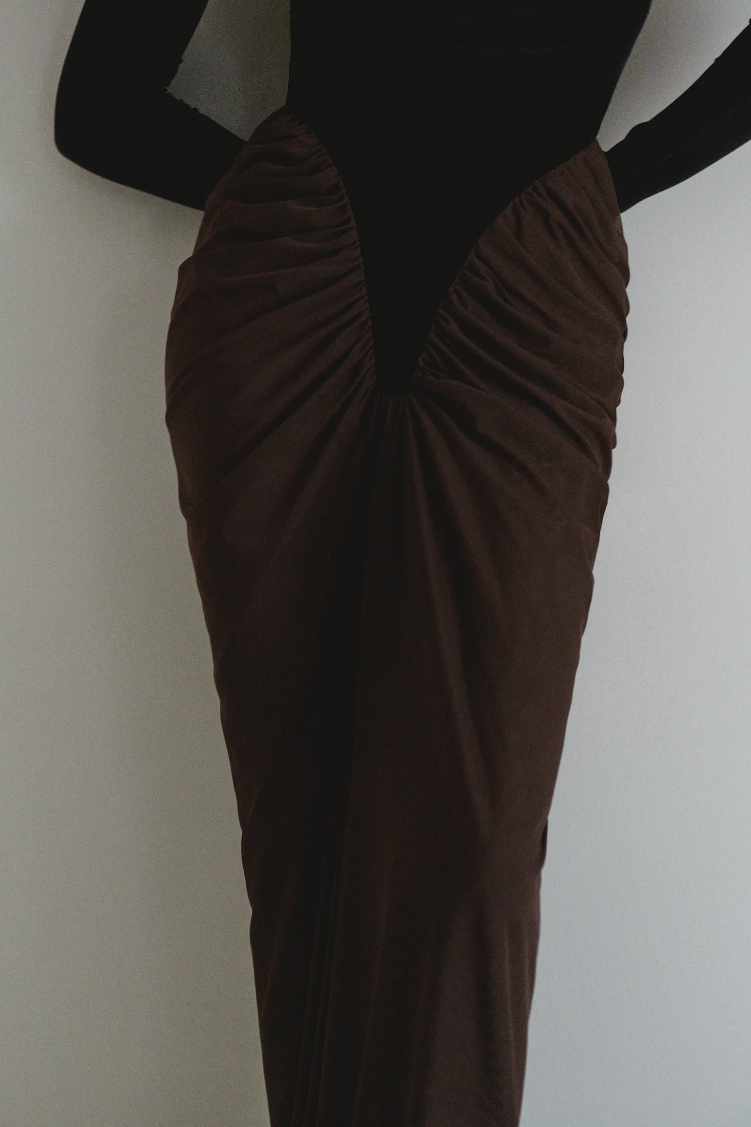 Black Velvet and Brown Tulle Draped Dress with Gloves