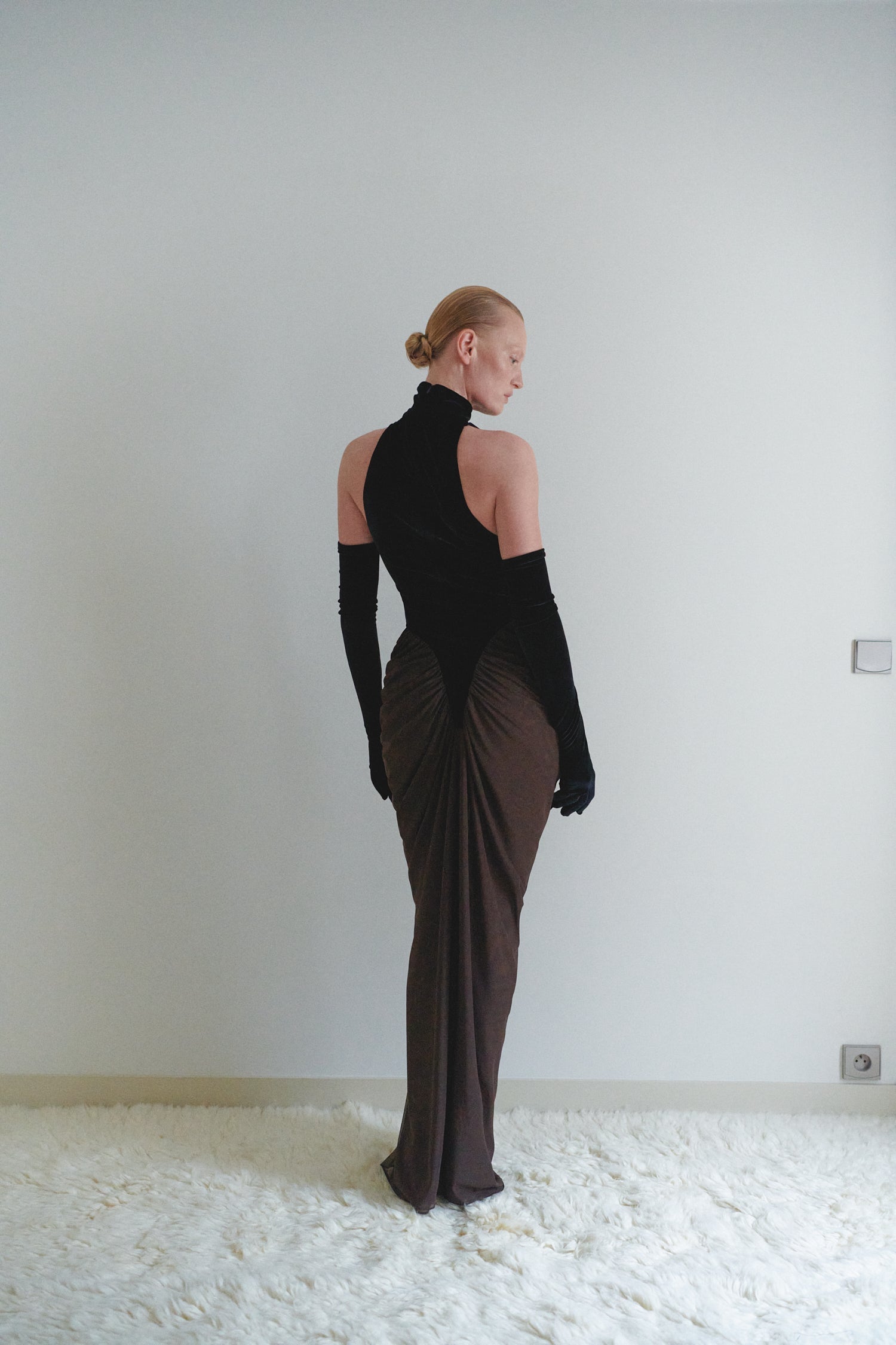 Black Velvet and Brown Tulle Draped Dress with Gloves