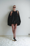 Black Taffeta Stone Embellished Balloon Dress with Gloves