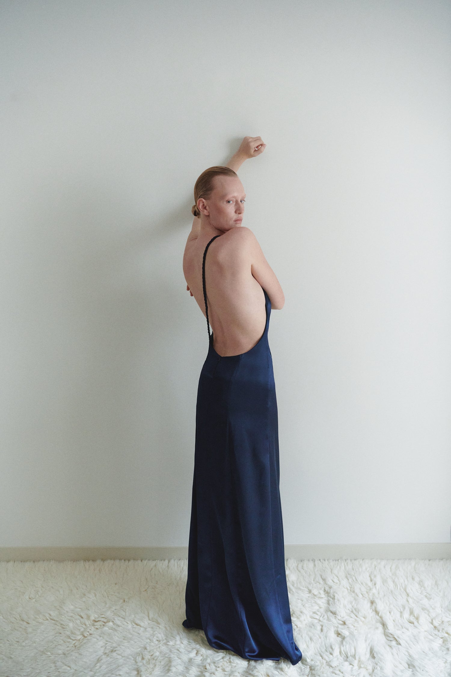 Navy Satin Backless Maxi Dress