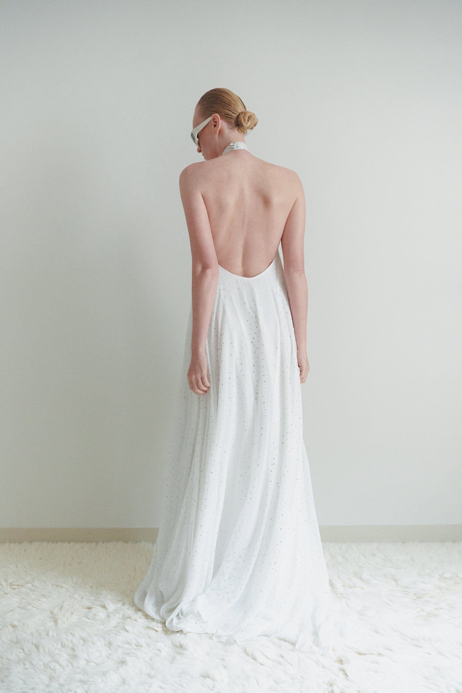 White Chiffon Stone Embellished Backless Maxi Dress