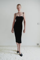 Black Velvet Button Detailed Midi Dress with Satin Bra