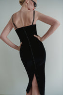 Black Velvet Button Detailed Midi Dress with Satin Bra