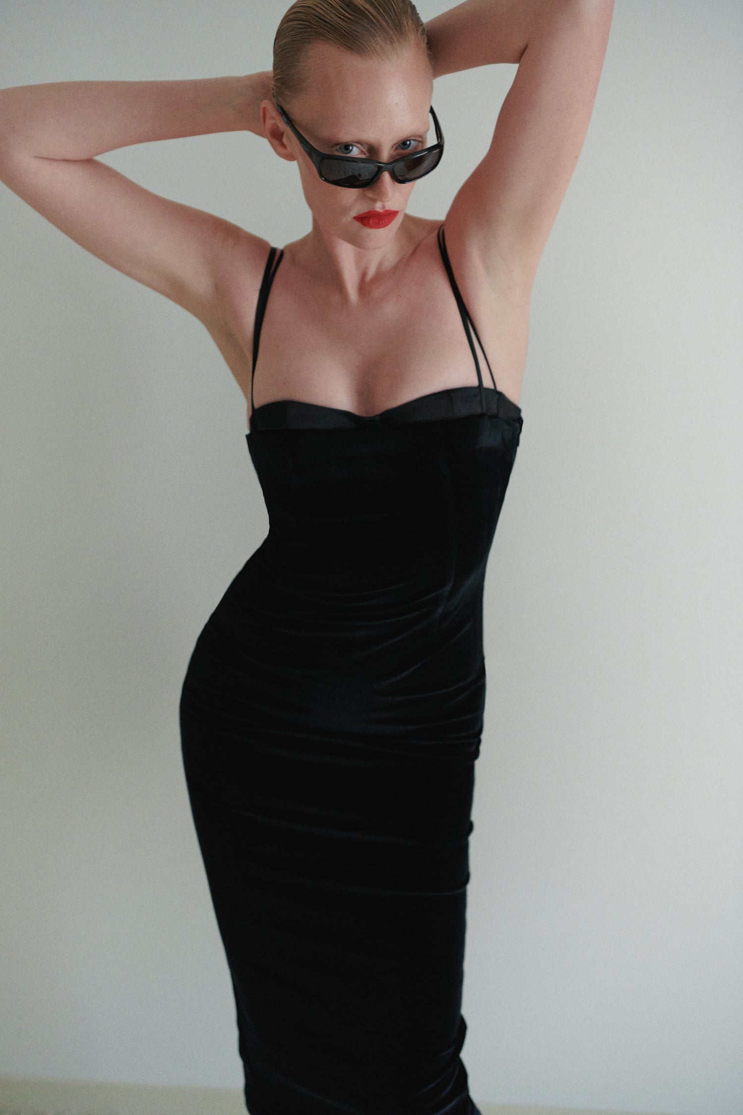 Black Velvet Button Detailed Midi Dress with Satin Bra