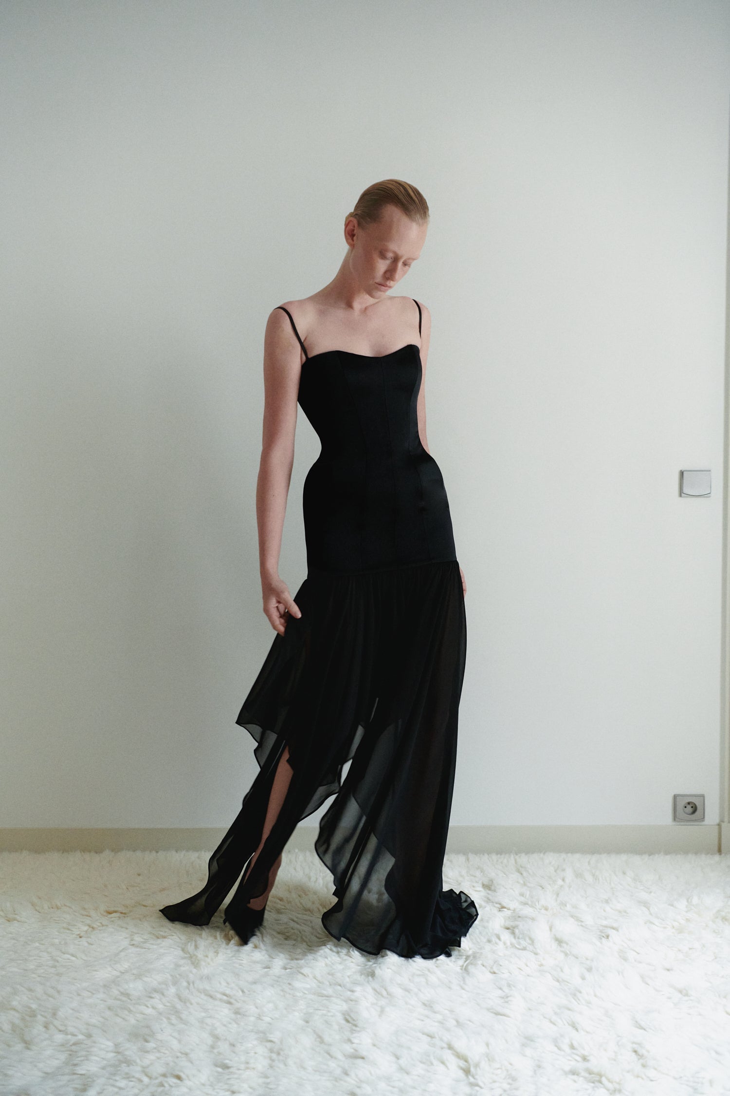 Black Satin and Chiffon Structure Dress