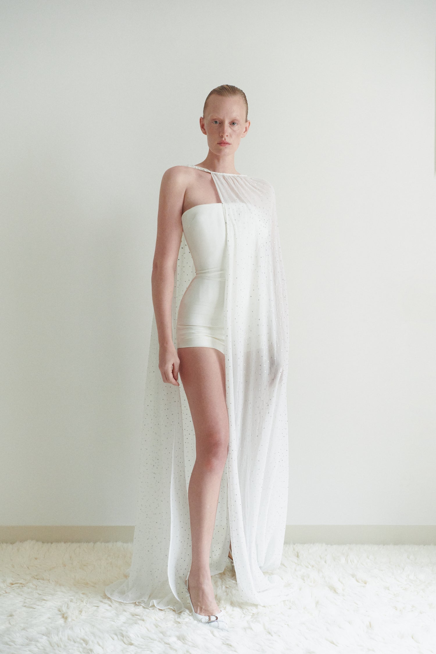 White Satin Mini Jumpsuit with Stone Embellished Cape