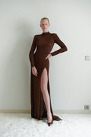 Brown Maxi Dress with Detachable Fur Details and Side Slit